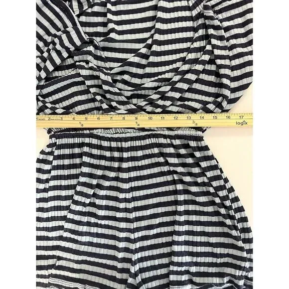 Urban Outfitters Ribbed Knit Surplice Romper Light Blue Striped‎ Summer Beach M - Picture 8 of 12